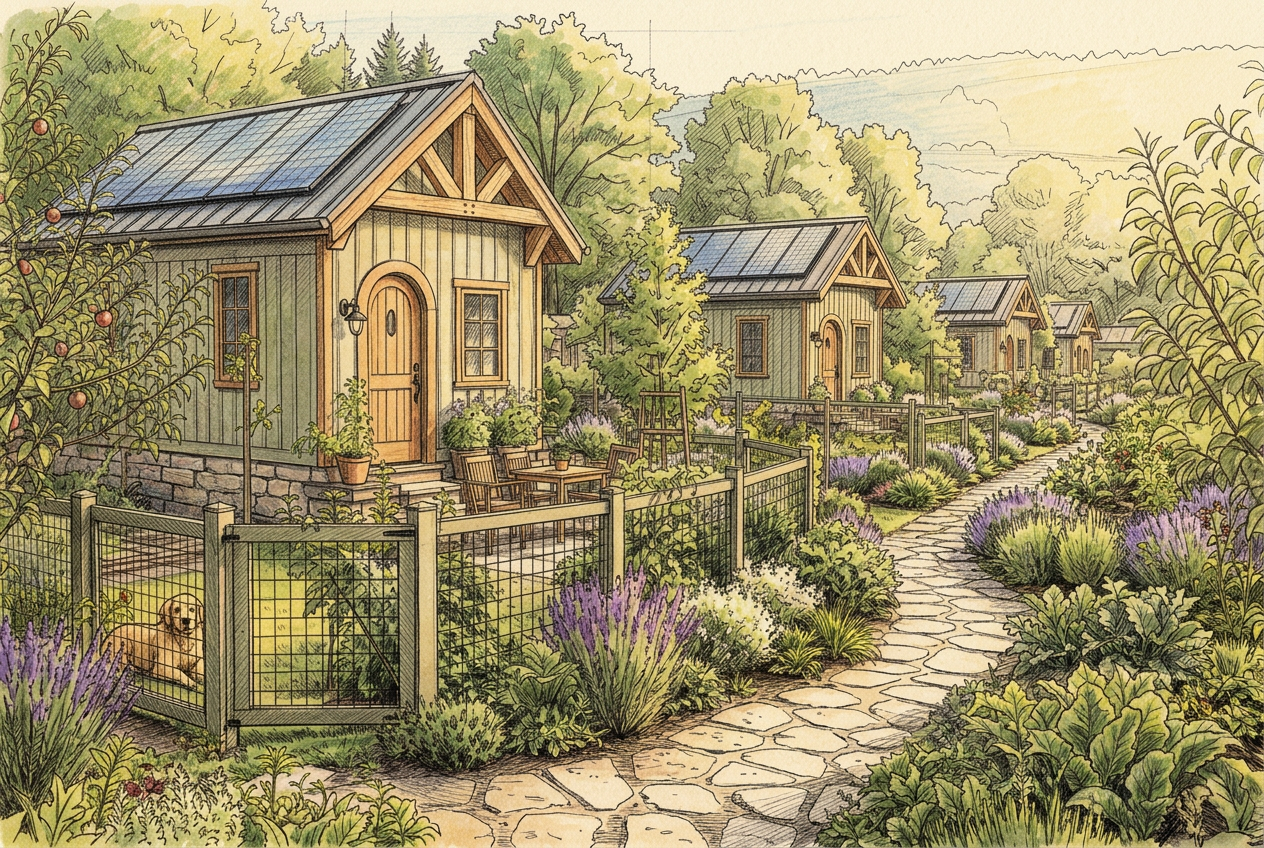 Tiny timber-frame homes in a food forest with greenhouse and solar at golden hour