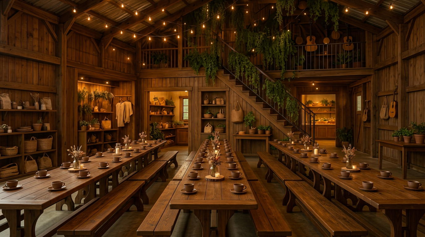 Inviting community kitchen and elixir bar with hanging herbs and warm wood