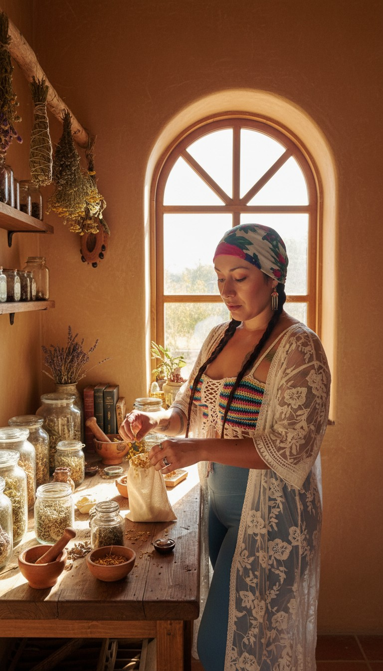 Jess Rene preparing herbal medicine in a sunlit apothecary