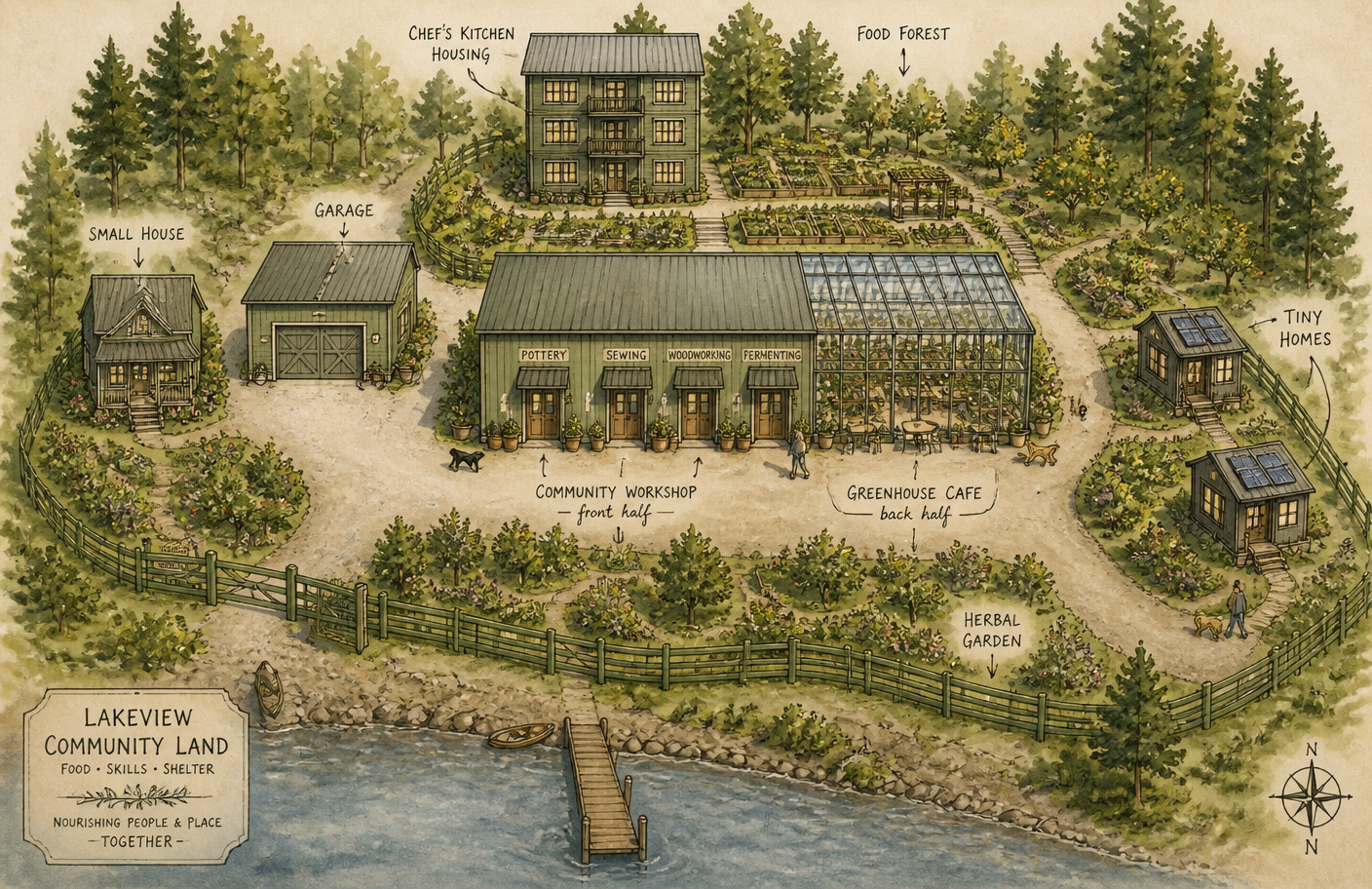 Aerial site-plan rendering of the Heartful Home land — workshop front with four doors joined to the greenhouse cafe behind, garage and small house to the left, two tiny homes, and the three-story chef's kitchen housing at the north end.