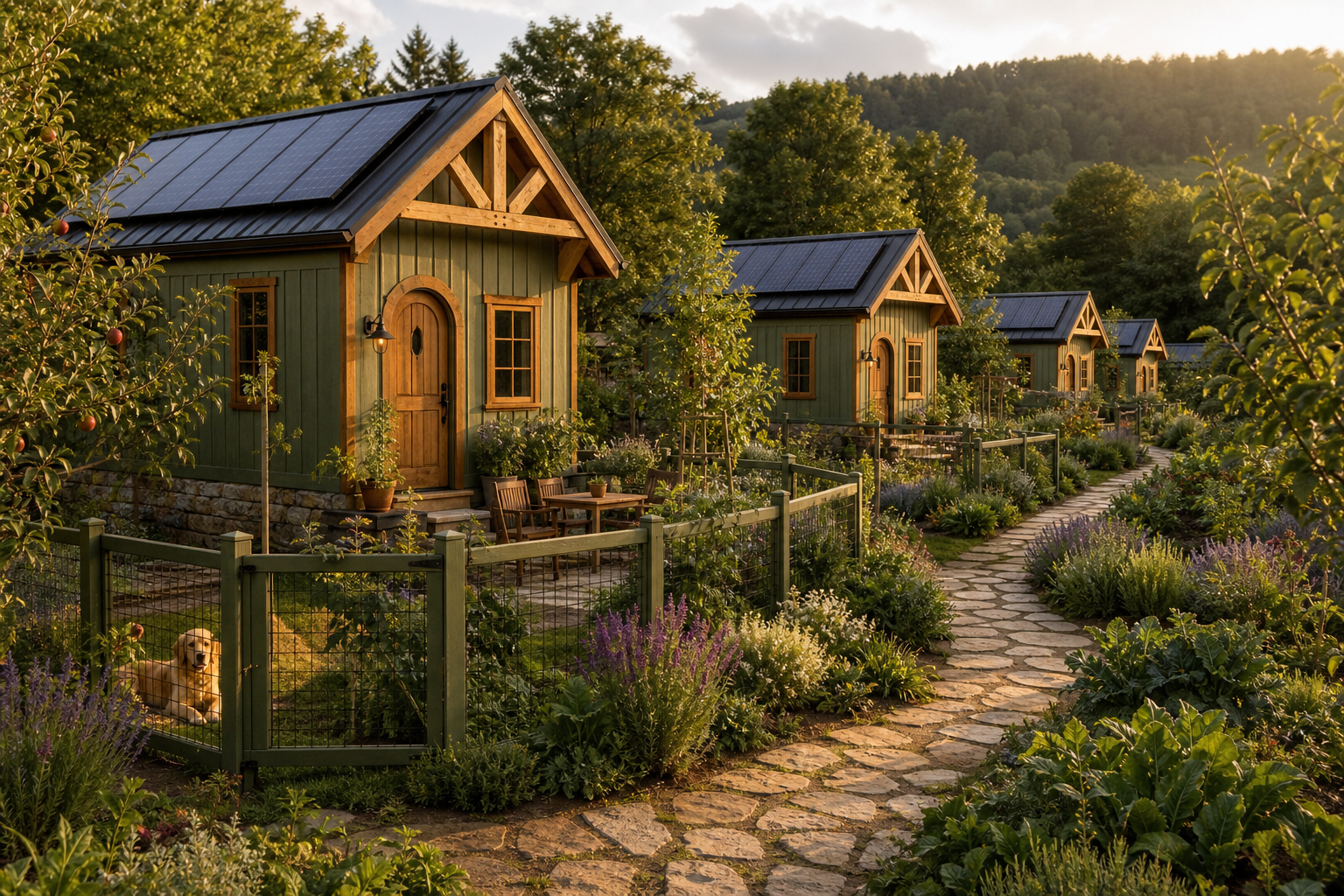 Tiny timber-frame homes in a food forest with greenhouse and solar at golden hour