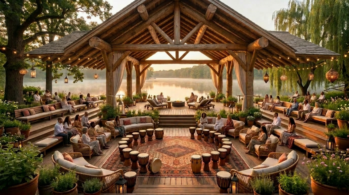 Lakeside log pavilion at sunrise — community gathered in a drum circle with seating, lanterns, and willow trees.