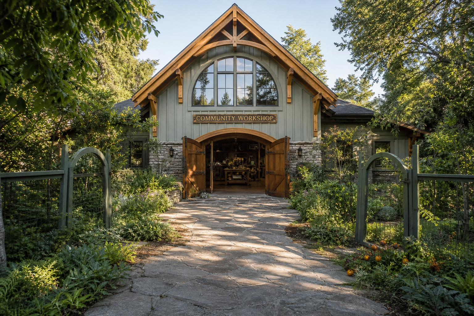 Sage green timber-frame community workshop building with arched entry, flagstone driveway, and abundant food forest gardens