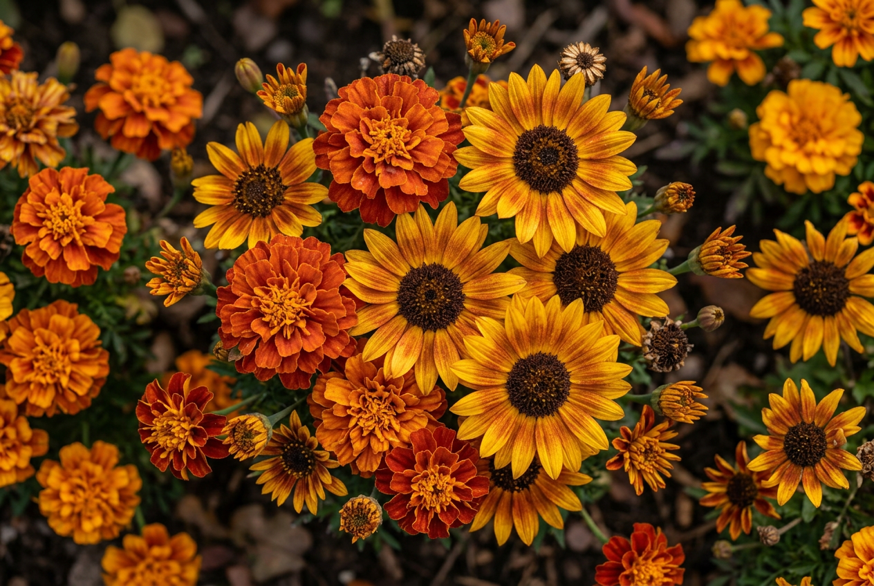 Warm autumn flowers in rust and golden tones