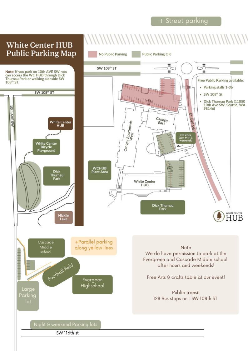 White Center HUB public parking map showing street parking, public lots, and bike routes near 10829 8th Ave SW, Seattle