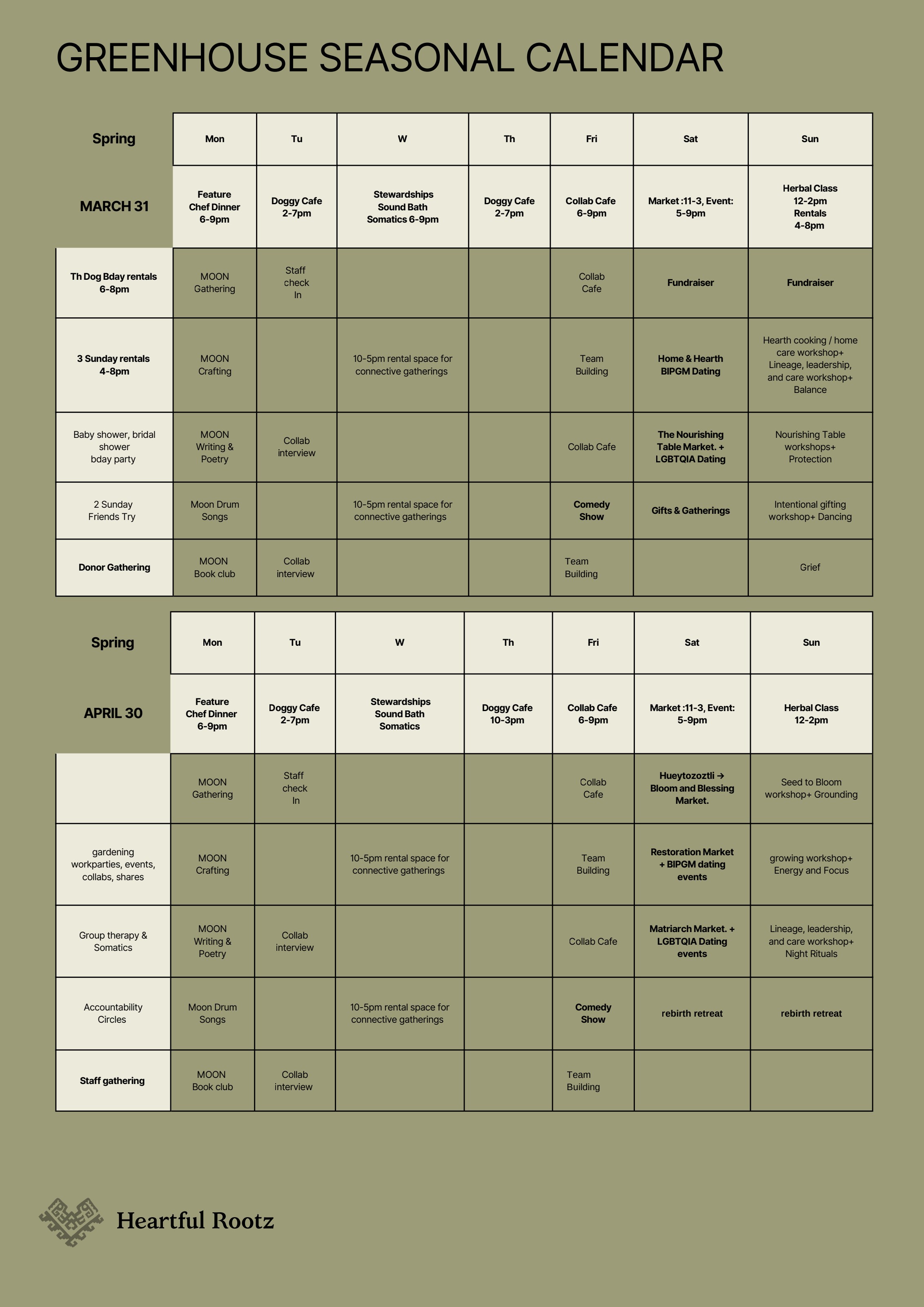 Greenhouse seasonal calendar — Spring Beginnings (March & April)