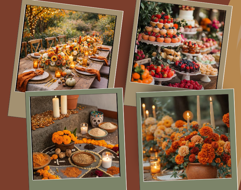 Collage of festive gathering tables with autumn flowers, candles, seasonal desserts, and ceremonial altars.