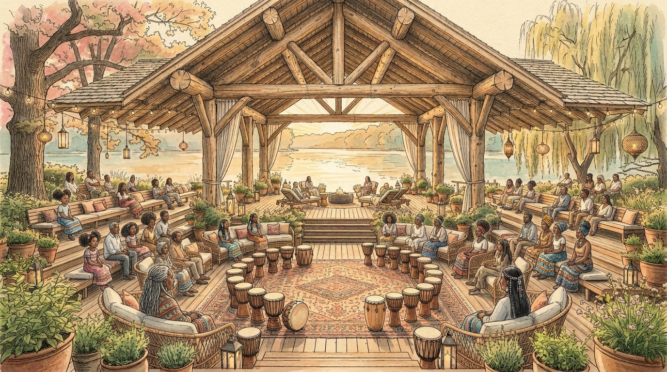 Black, Indigenous, and BIPOC community members gathered in a drum circle at the lakeside pavilion.