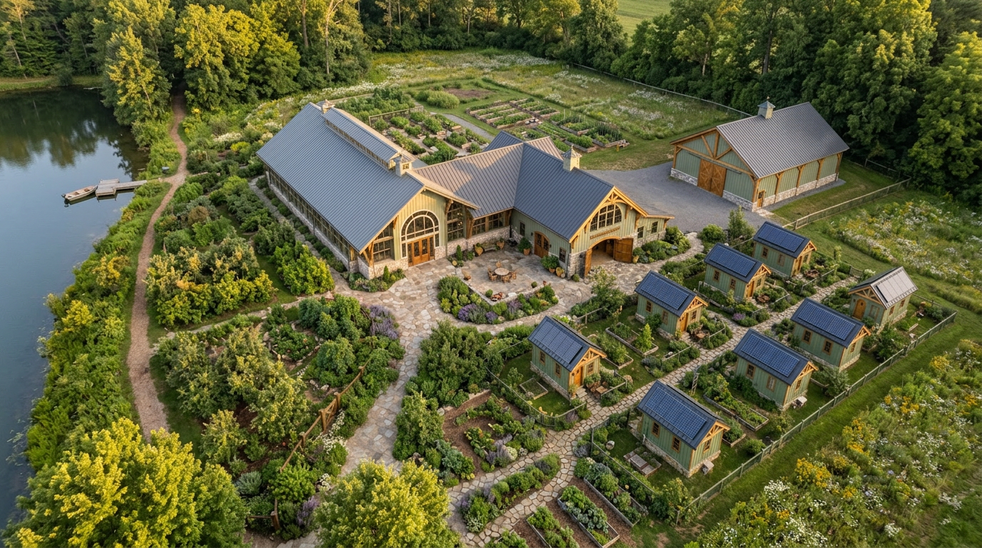 Aerial rendering of the Heartful Home village — main gathering building, gardens, and tiny homes beside a lake.