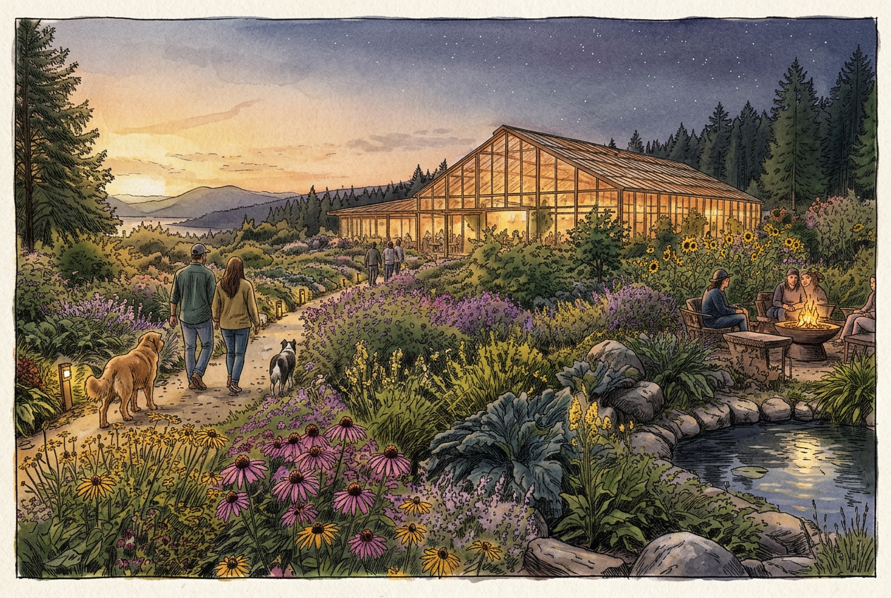 A glowing community greenhouse beyond flower, herb, and food forest gardens at sunset