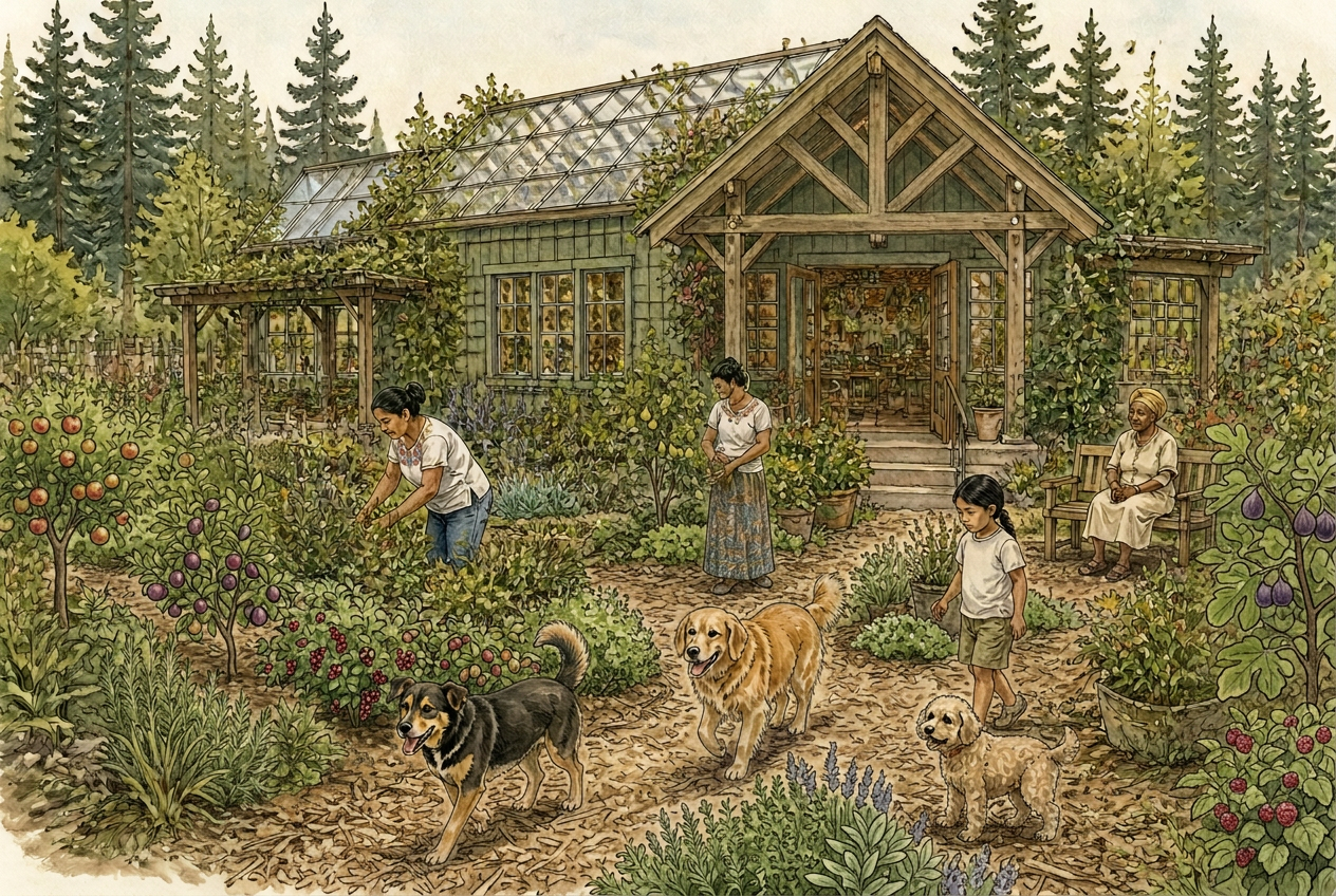 Hand-drawn rendering of the sage-green community greenhouse building with Mexican, Black, and Indigenous neighbors tending an abundant food forest of fruit trees, berries, and herbs with dogs roaming freely
