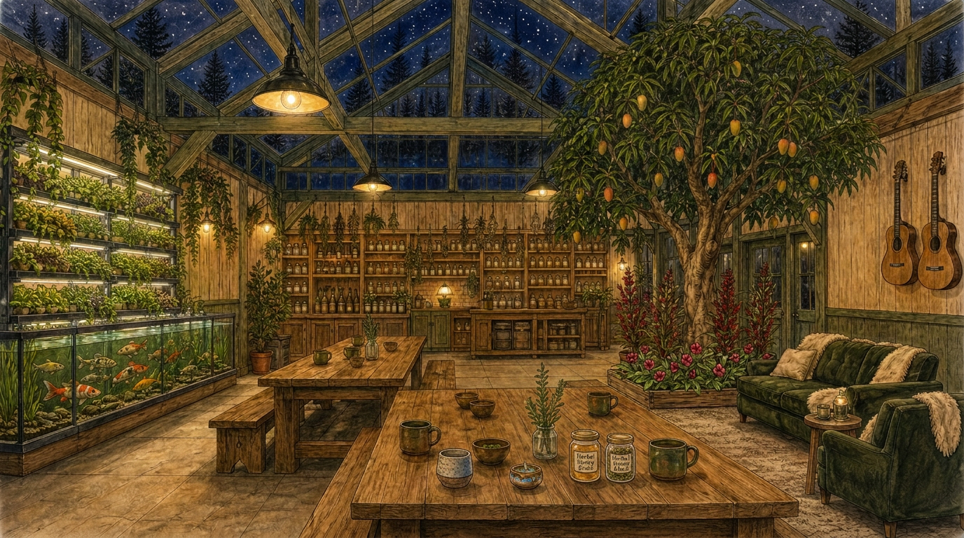 Spacious sage-green timber-frame greenhouse cafe at night with two long communal tables, hanging herbs, a realistic mango tree in the back right corner, roselle hibiscus in planters around the tree, a vertical living herb wall over an aquaponics fish tank, comfy green sofas, and herbal honey elixirs in handmade pottery mugs