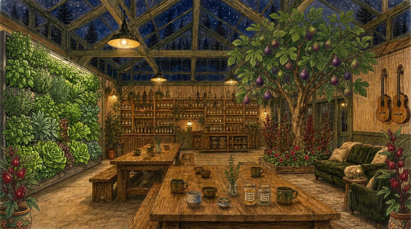 Spacious sage-green timber-frame greenhouse cafe at night with two long communal tables, hanging herbs, a realistic mango tree in the back right corner, roselle hibiscus in planters around the tree, a vertical living herb wall over an aquaponics fish tank, comfy green sofas, and herbal honey elixirs in handmade pottery mugs