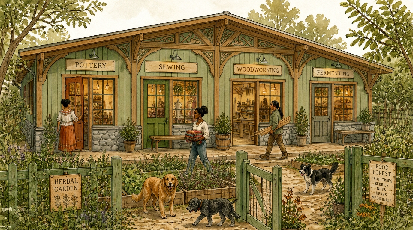 Hand-drawn rendering of the sage-green community workshop with four sections — pottery, sewing, woodworking, and fermenting — elegant carved timber detailing under a 14-foot ceiling, a grey stone foundation, herbal garden beds, and dogs roaming